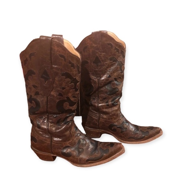 CORRAL Vintage Snip Toe Cowboy Boots Brown Black Size 7 - Picture 6 of 12